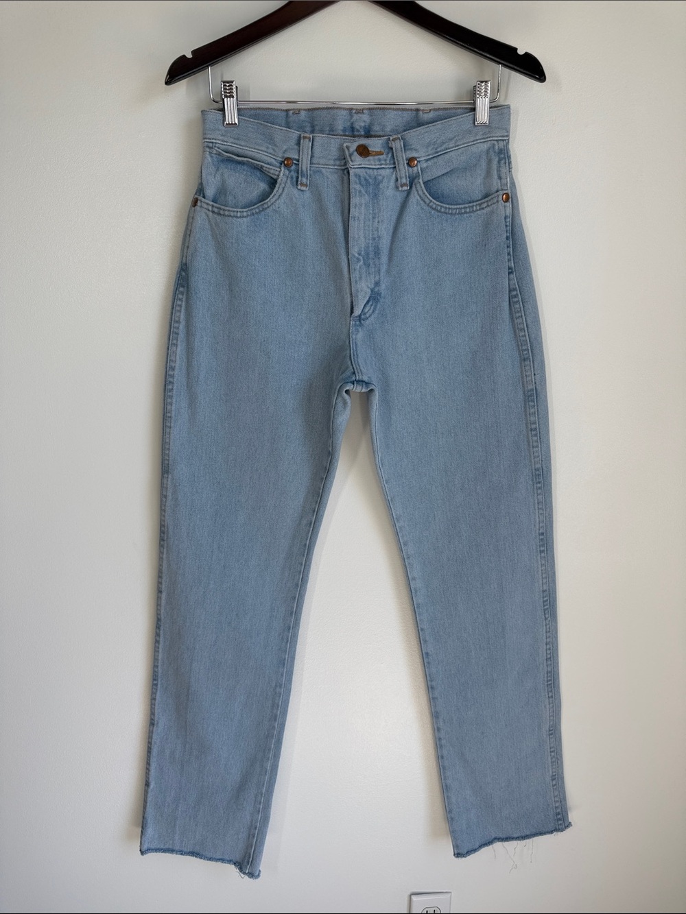 Wrangler Vintage High Rise Straight Leg Jeans Light Wash Raw Hem